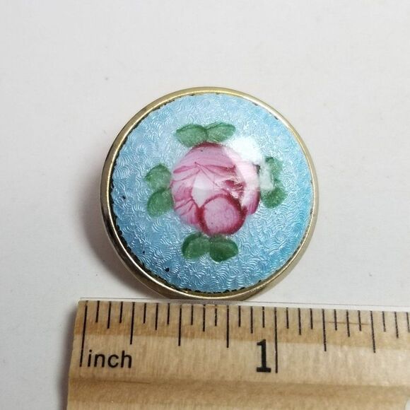 Vintage Pink Enamel Flower Blue Background Round Brooch, Pastel Lapel Pin - Picture 4 of 6